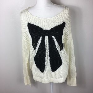 Open Knit Ivory & Black Sweater Bow Tie Scoop Neck
